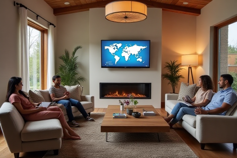 Family relaxing in smart home with automated systems working