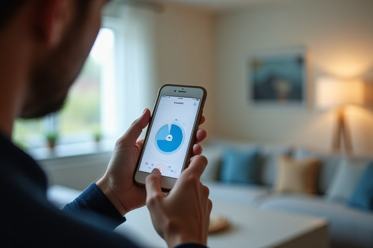 Person using smartphone app to control smart home devices