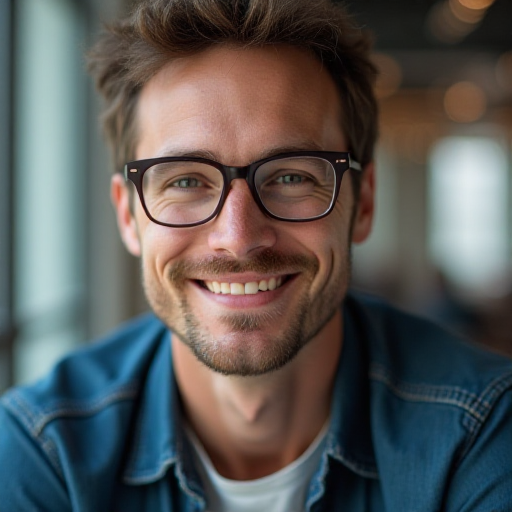Portrait of a tech reviewer with glasses and casual attire
